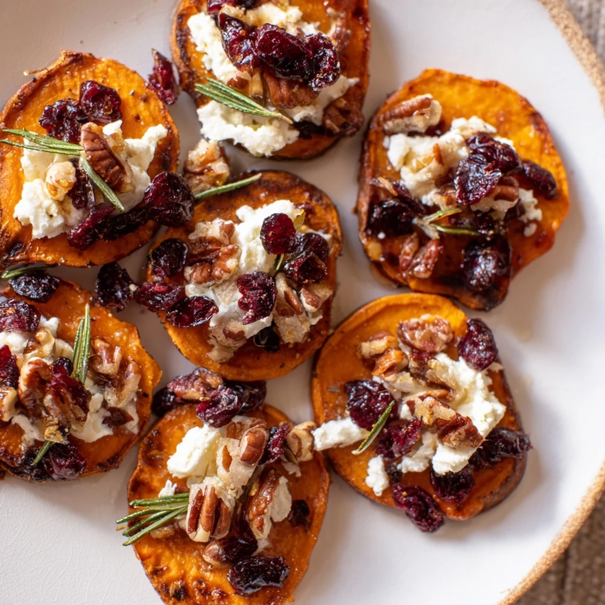 Roasted Express Holiday Sweet Potato Rounds topped with cheese, cranberries, and pecans—perfect for serving.