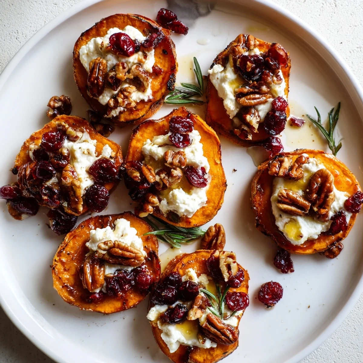 Golden, roasted Express Holiday Sweet Potato Rounds with a holiday array of toppings, visually appealing.