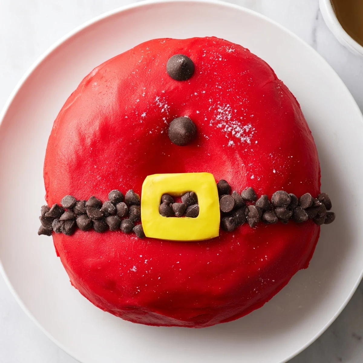 Santa Belly Donuts, vibrant red frosted, with mini chocolate chip belts, a fun holiday dessert idea.