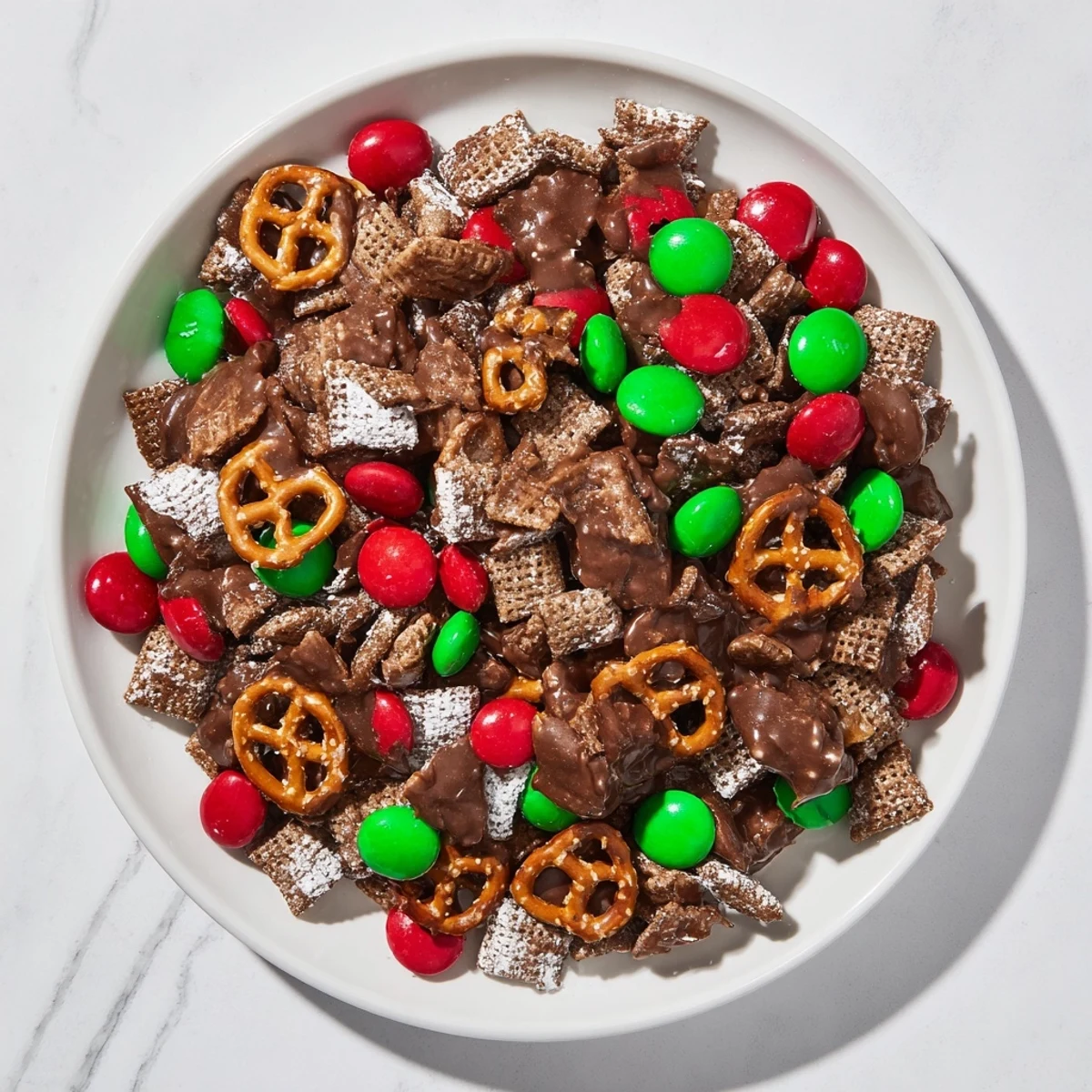 Golden-coated Simplified Reindeer Chow mix with colorful candies and pretzels offers a festive treat.