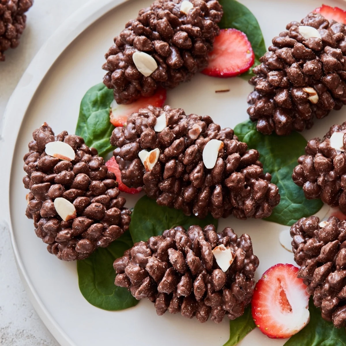 Imagine rich chocolate Coco Pop Pinecone Dessert Salad presented like a playful kids’ salad with fresh strawberries.
