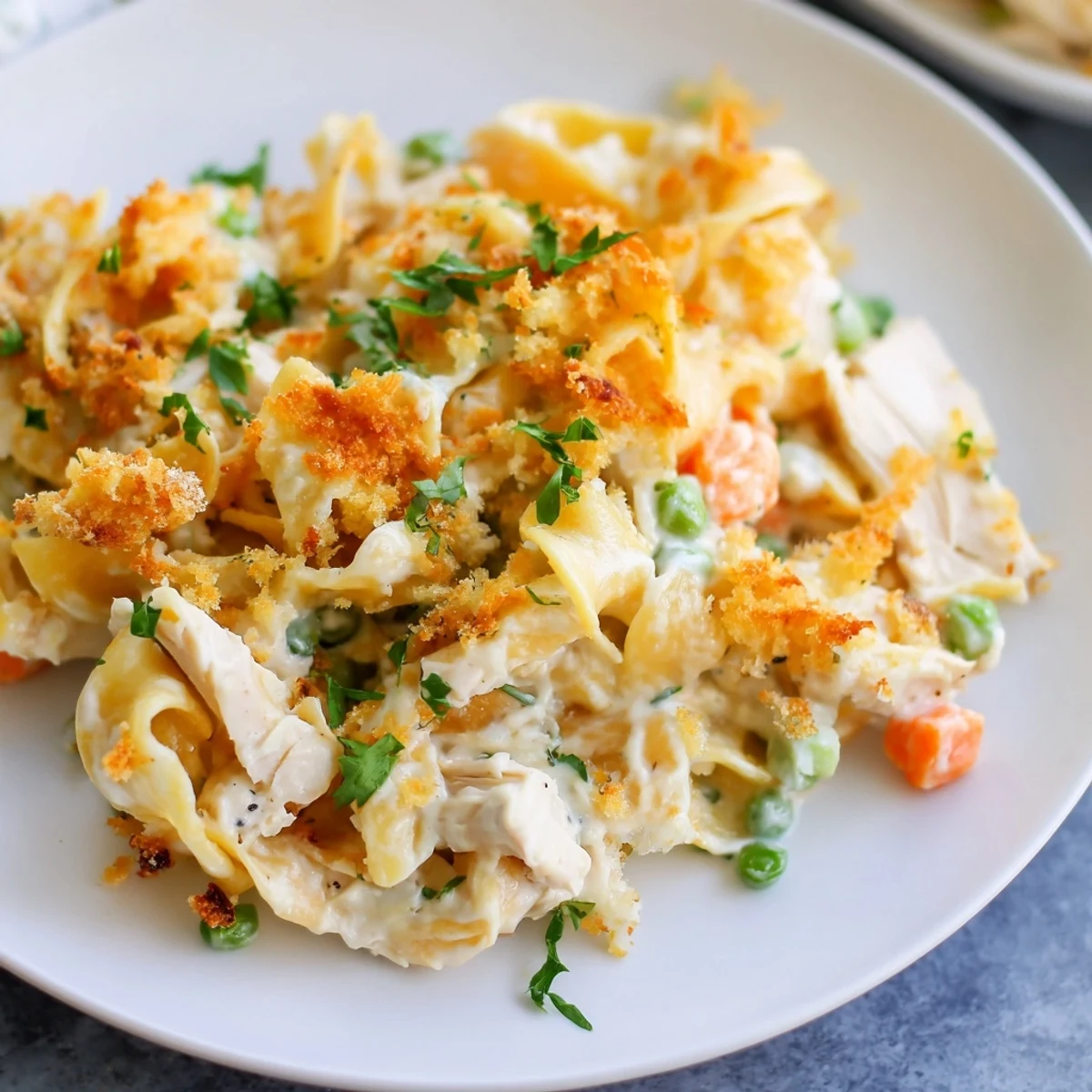 Golden, bubbly Baked Cream of Chicken Noodle Soup Pasta, a comforting family meal ready to serve.