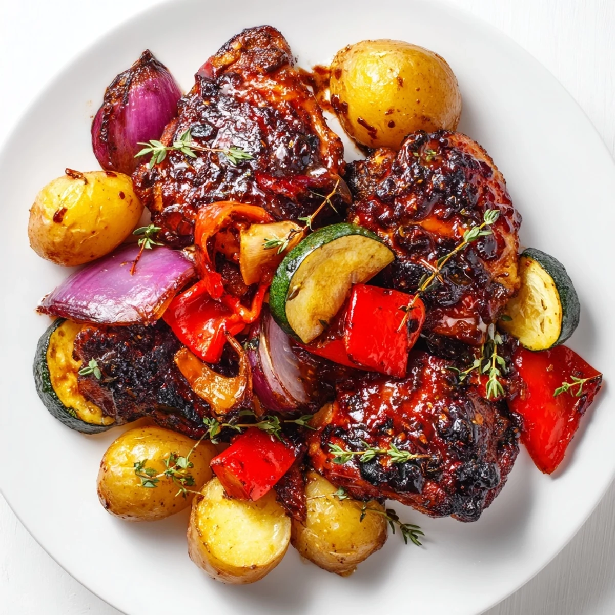 Sheet pan with savory Black Garlic and Balsamic Chicken, colorful vegetables, and glistening, crispy chicken skin.