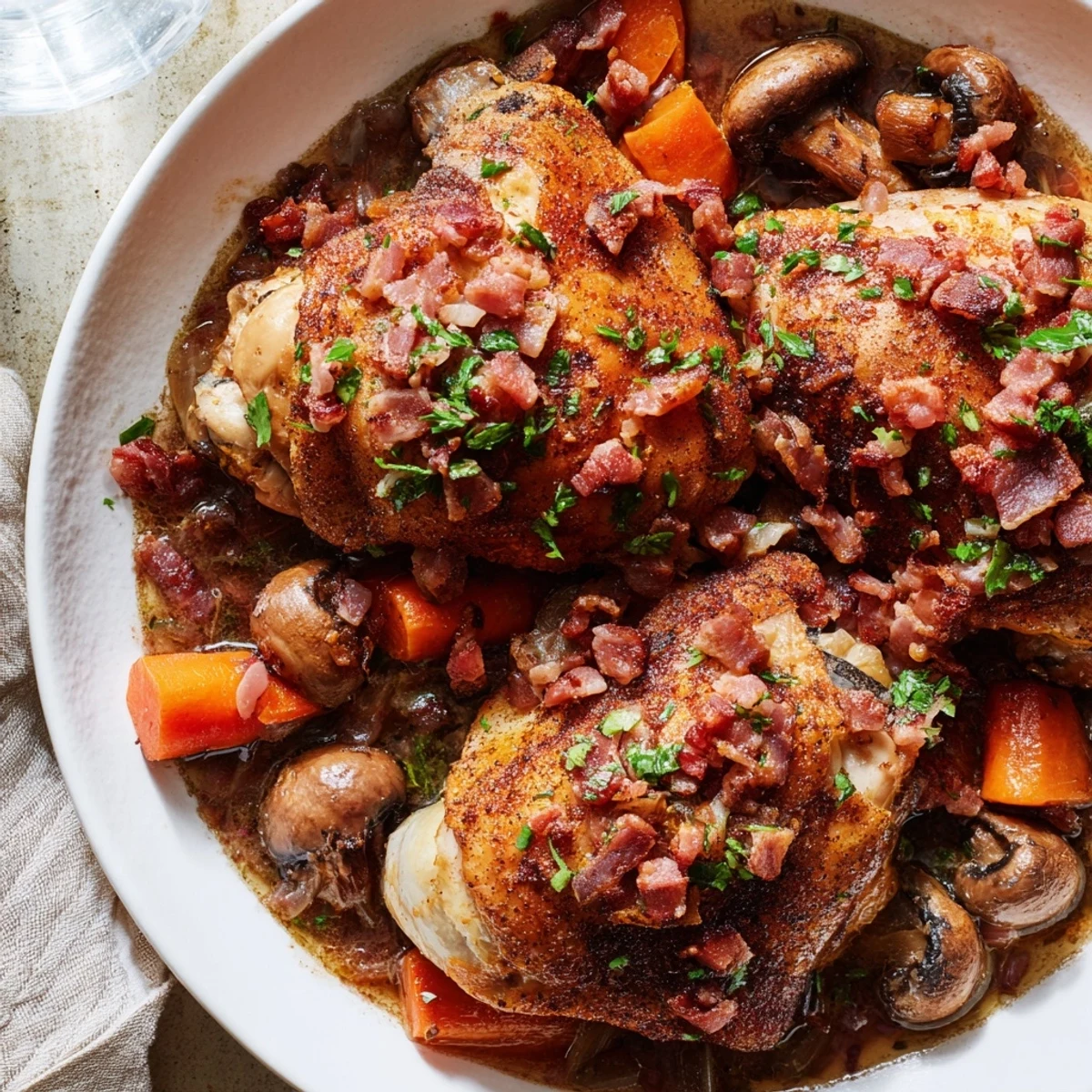 Tender Instant Pot Coq au Vin Style Chicken Thighs with rich red wine sauce and crispy bacon topping.