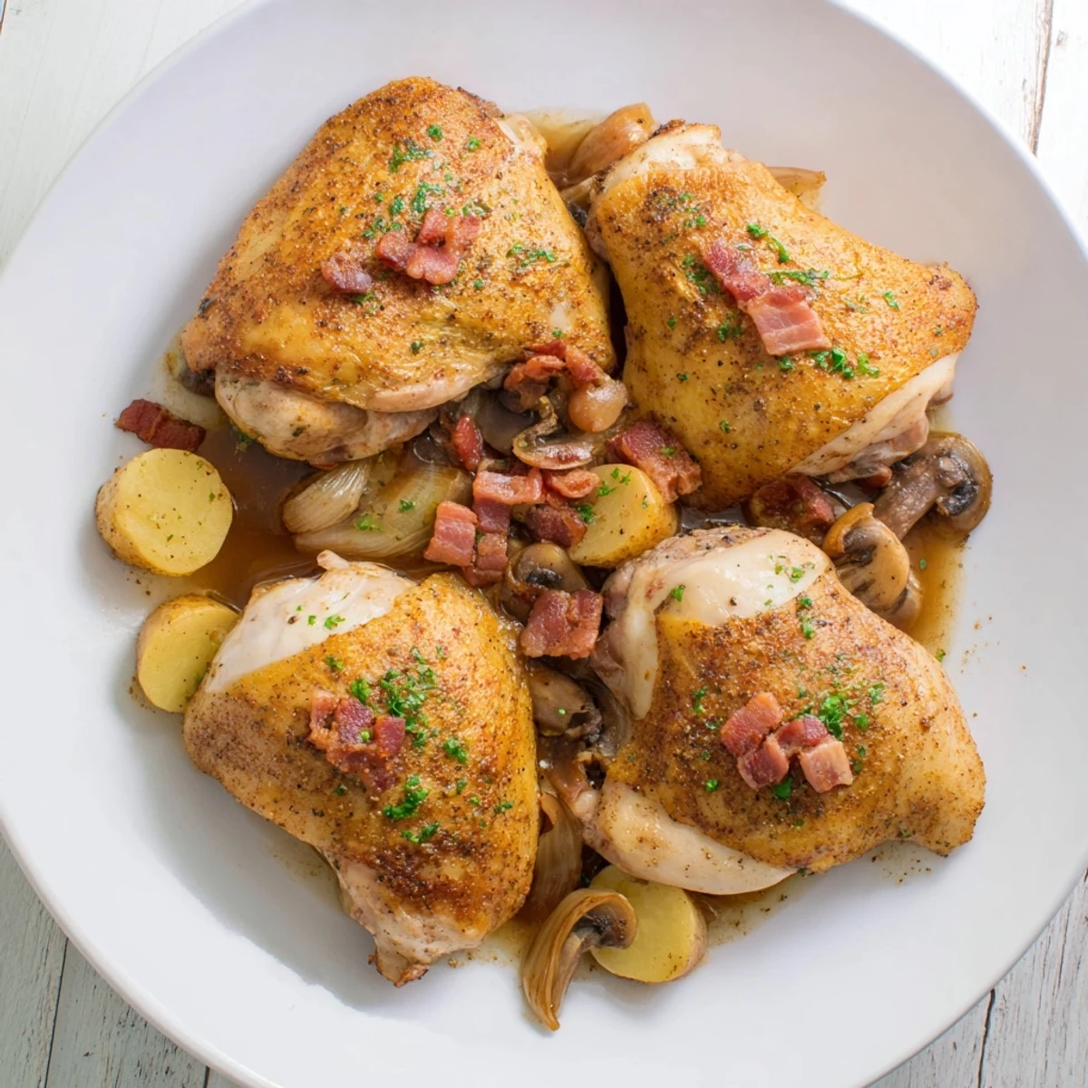 Imagine savory Instant Pot Coq au Vin Style Chicken Thighs, perfectly simmered with mushrooms and herbs, ready to serve.