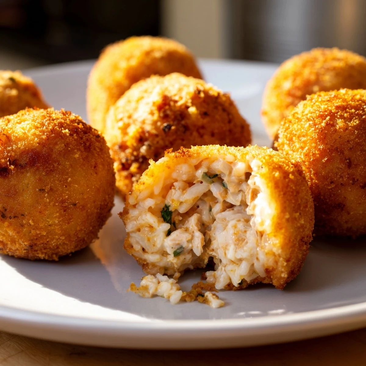 Golden-brown Creamy Chicken & Rice Arancini Balls ready to be served, a comforting Italian appetizer.