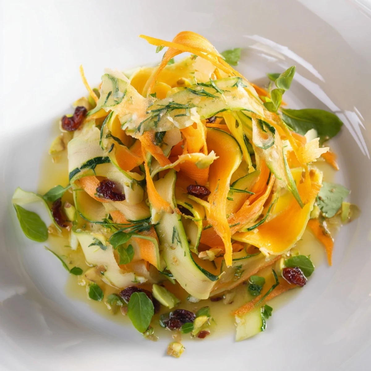 Layered Pistachio and Cranberry Salad features colorful vegetable ribbons and crunchy pistachios in a bright bowl.