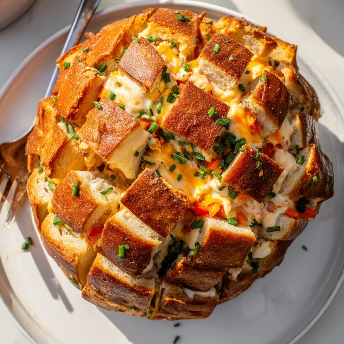 Golden, bubbly Pimento Cheese & Jalapeño Pull-Apart Grilled Cheese with crispy bread crusts and melty cheese.