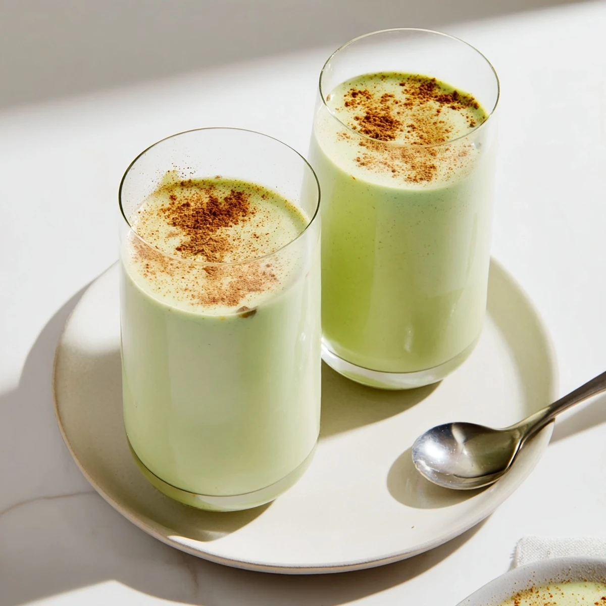Frozen banana blended into a vibrant Matcha Eggnog Collagen Breakfast Smoothie, a perfect morning treat.