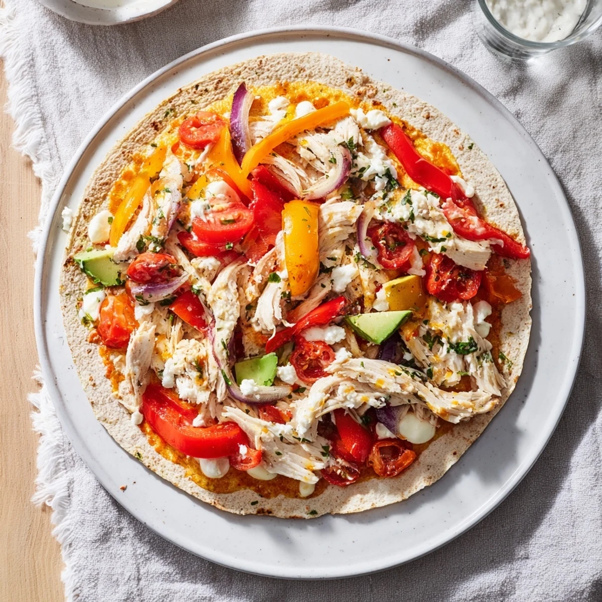 Sheet-Pan Fajita Chicken Rainbow Wraps feature sizzling chicken strips and colorful bell peppers ready to be wrapped.