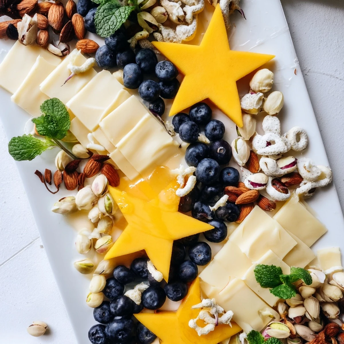 Festive Shooting Star Snack Board with colorful fruits, cheeses, and crackers for a party.