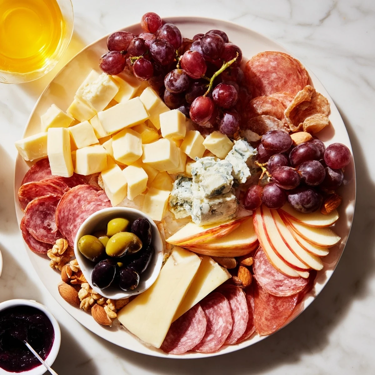 A beautifully arranged Moonlight Picnic Board, showcasing colorful cheeses, fruits, and charcuterie awaiting enjoyment.