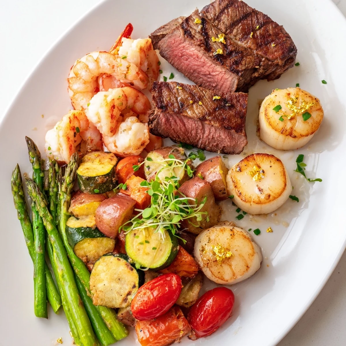 Golden Heart Luxury Platter showcases seared filet mignon and shrimp, gleaming with edible gold leaf and fresh herbs.