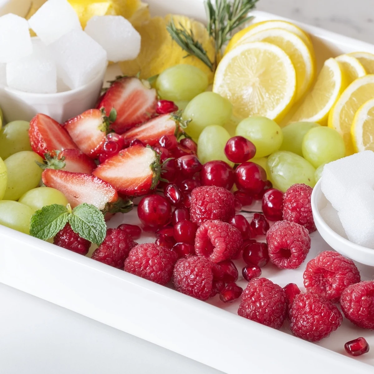 Vibrant Bubbly Bar New Years Eve Garnish Tray with colorful fruit, herbs, and treats ready to make delicious drinks.