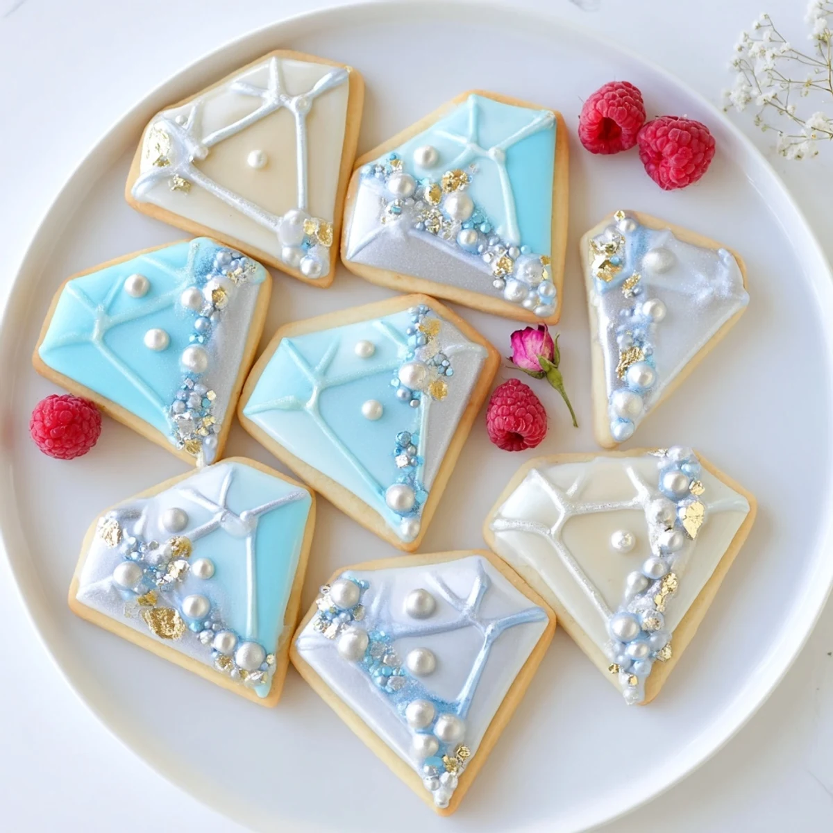 This Engagement Ring Diamond Dessert Tray presents a beautiful arrangement of jeweled cookies, perfect for any celebration.