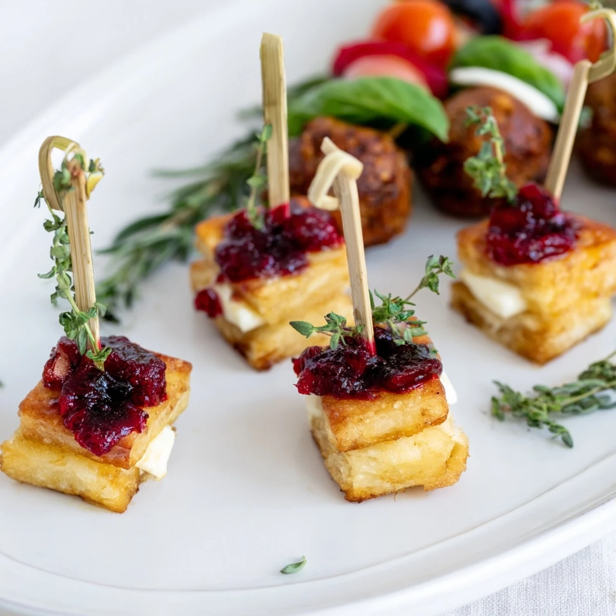 Festive Joy to the World Appetizer Trio: Golden cranberry brie bites, caprese skewers, and spiced meatballs arranged beautifully.