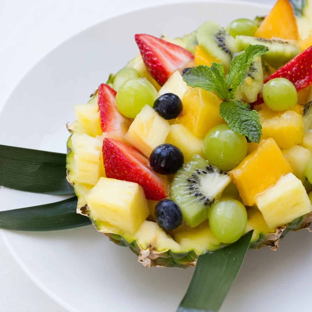 Vibrant Tropical Pineapple Fruit Boat brimming with fresh, colorful tropical fruits, perfect for summer.