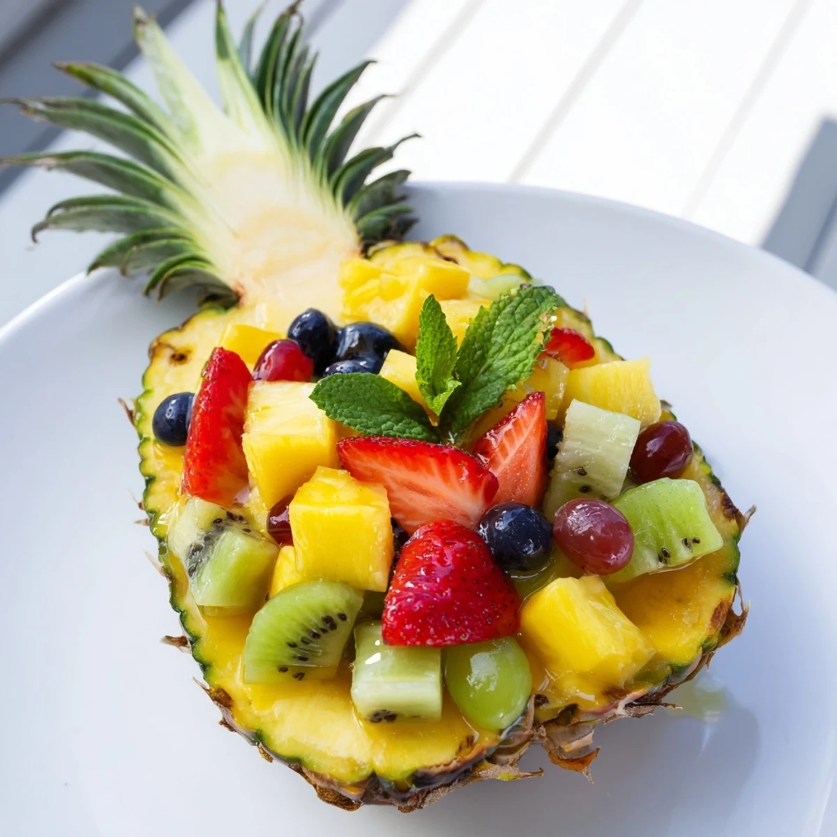 Delicious and healthy Tropical Pineapple Fruit Boat, a perfect vegetarian brunch recipe, chilled and served.