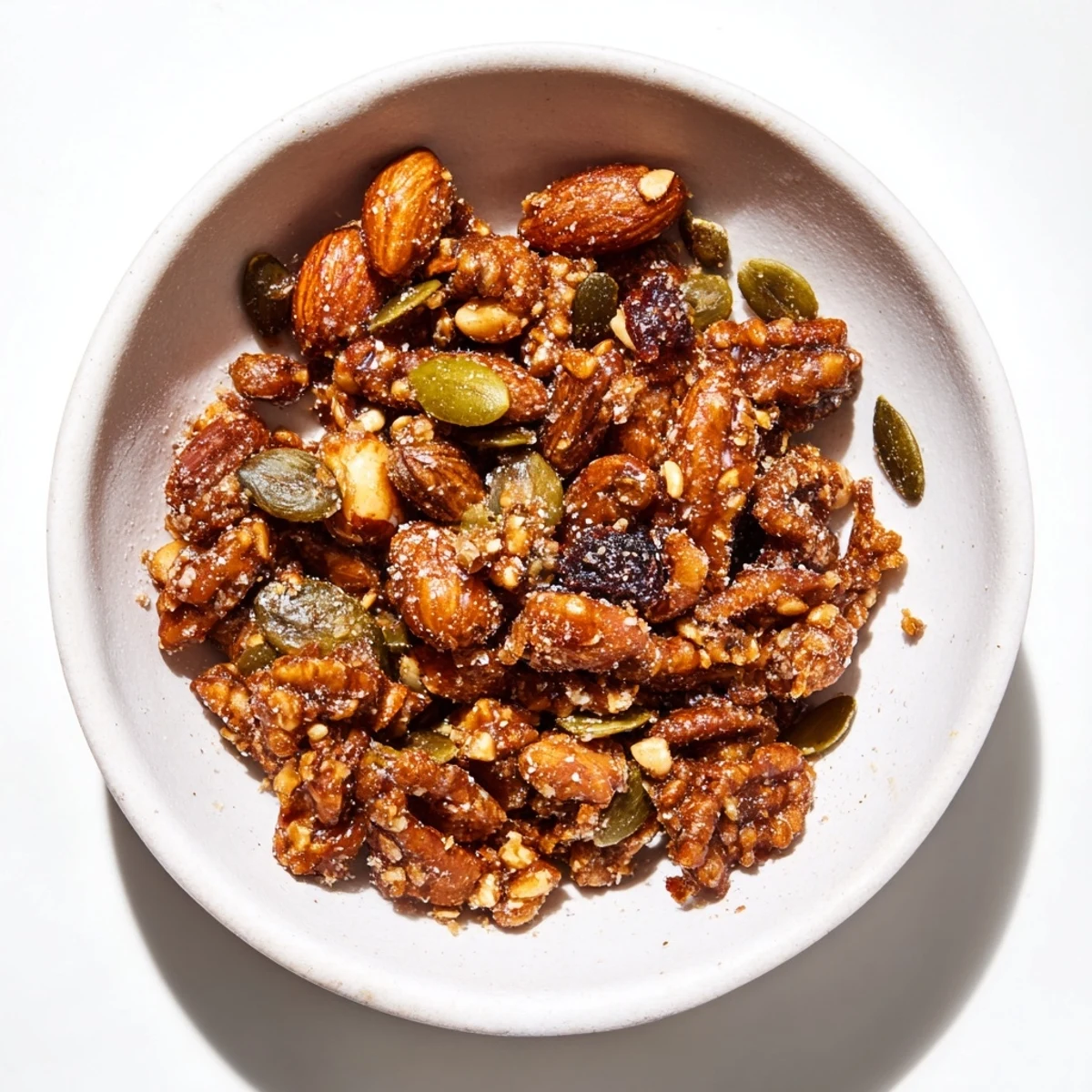 Close-up of the flavorful Squirrels Gourmet Nut Bowl, showing crunchy nuts and sweet dried cranberries.