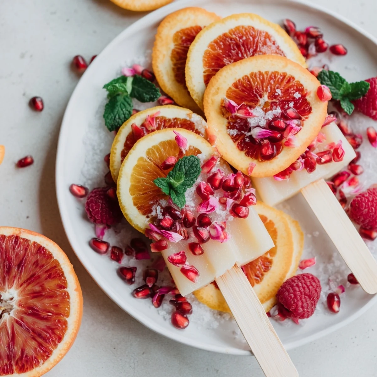 Vibrant Baisers de Minuit garnishes: sugared citrus slices and gold-dusted chocolate, ideal for cocktails.