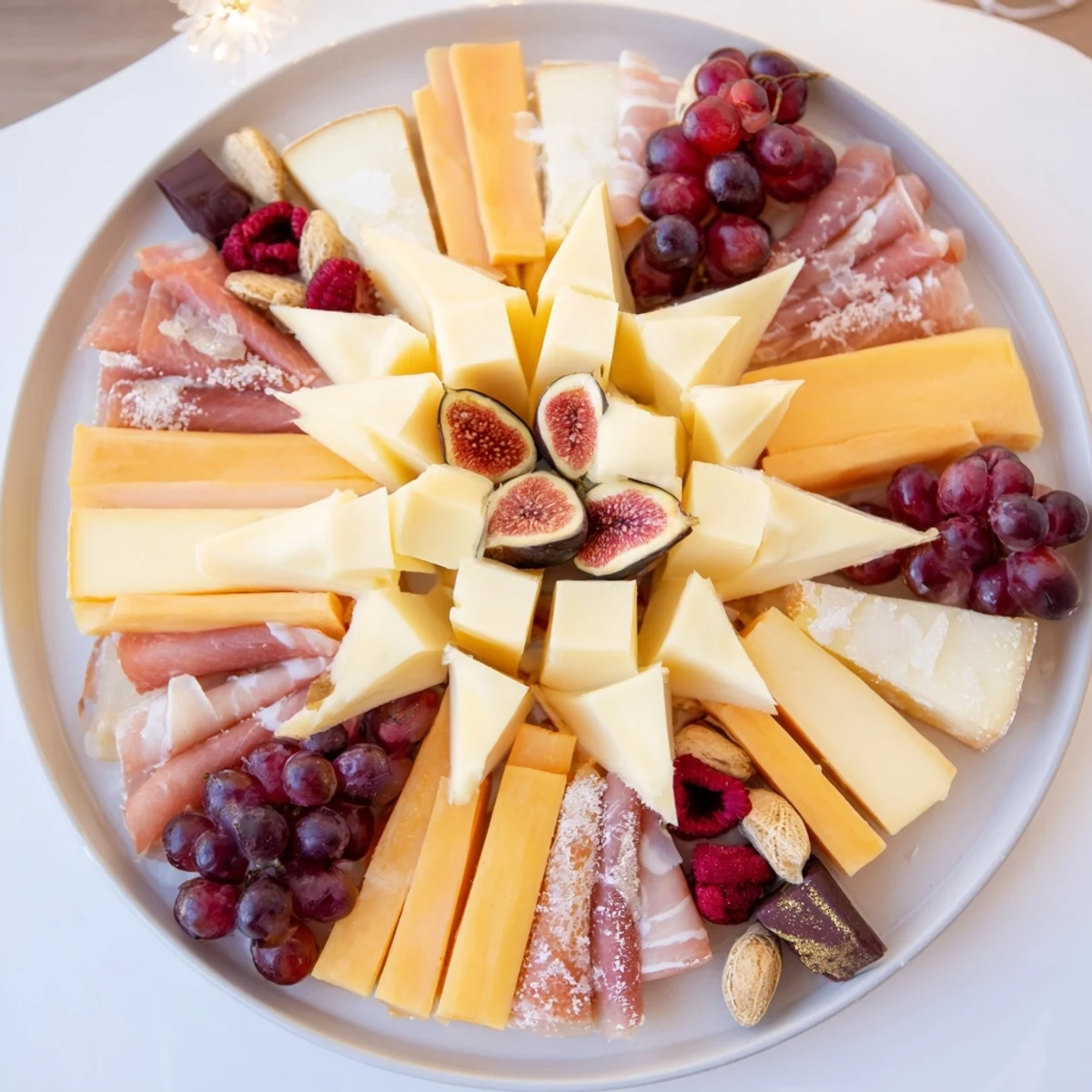 Imagine the Éclat dÉtoiles Planche de Noël: a colorful, gourmet holiday charcuterie star, perfect for entertaining.