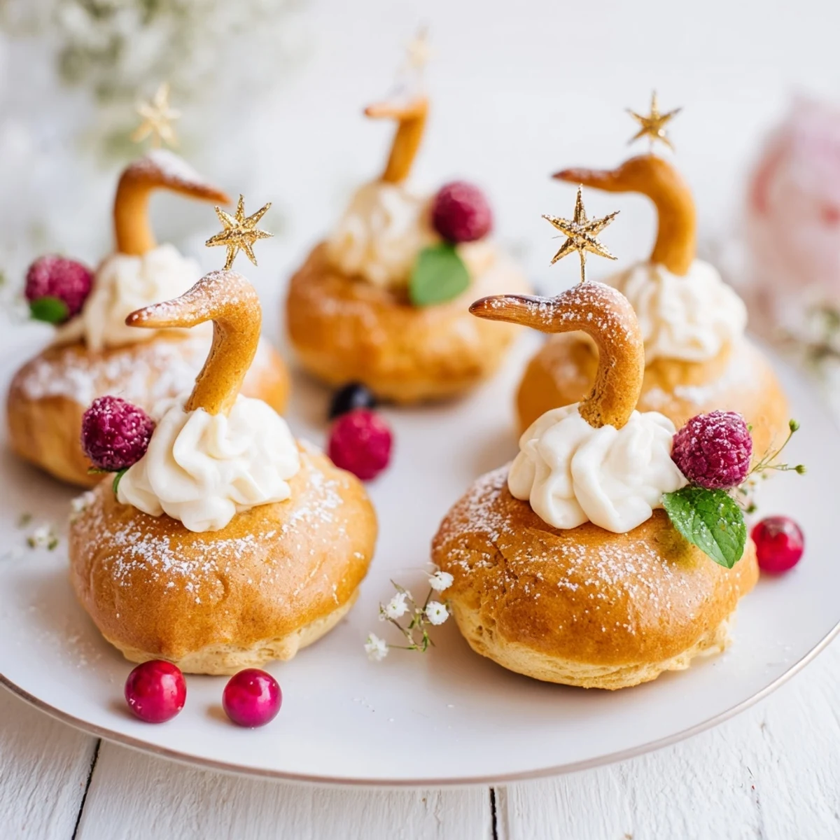 A beautiful photograph of Plateau Cygne Pâtisseries Aériennes, delicate French pastries ready to serve.