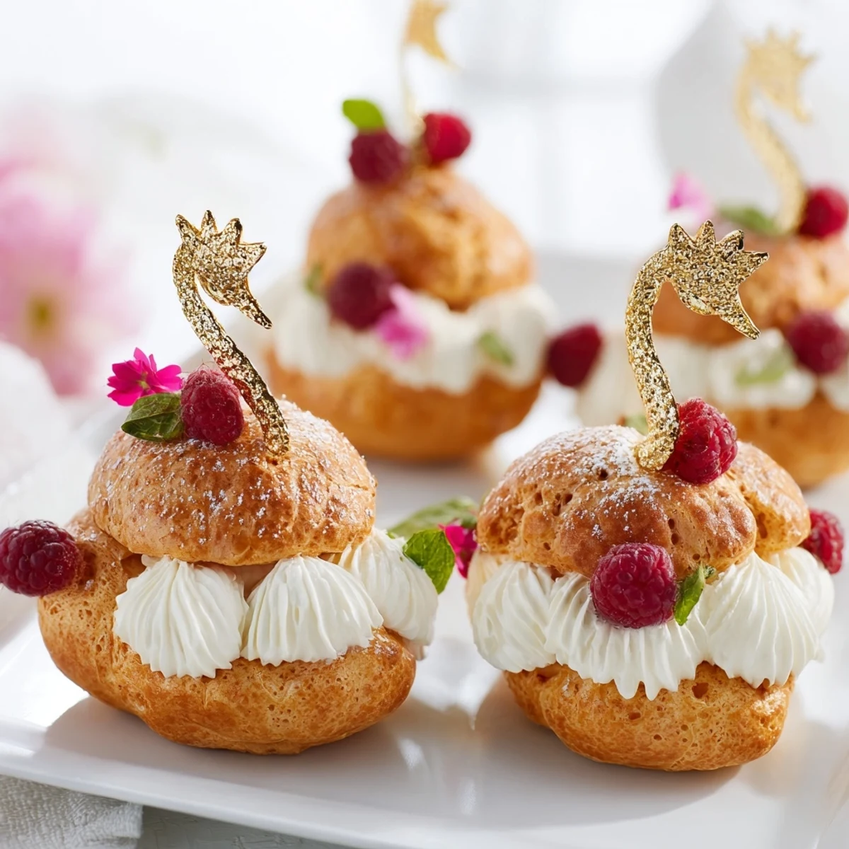 The airy texture of these Plateau Cygne Pâtisseries Aériennes is visible, topped with fresh berries and icing sugar.