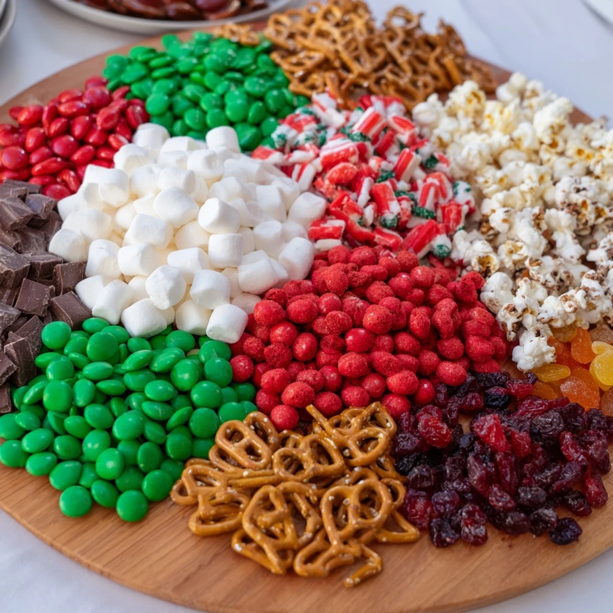 A delightful view of an Elf Snack Trail Mix Board, ready for serving with sweet and salty goodies.