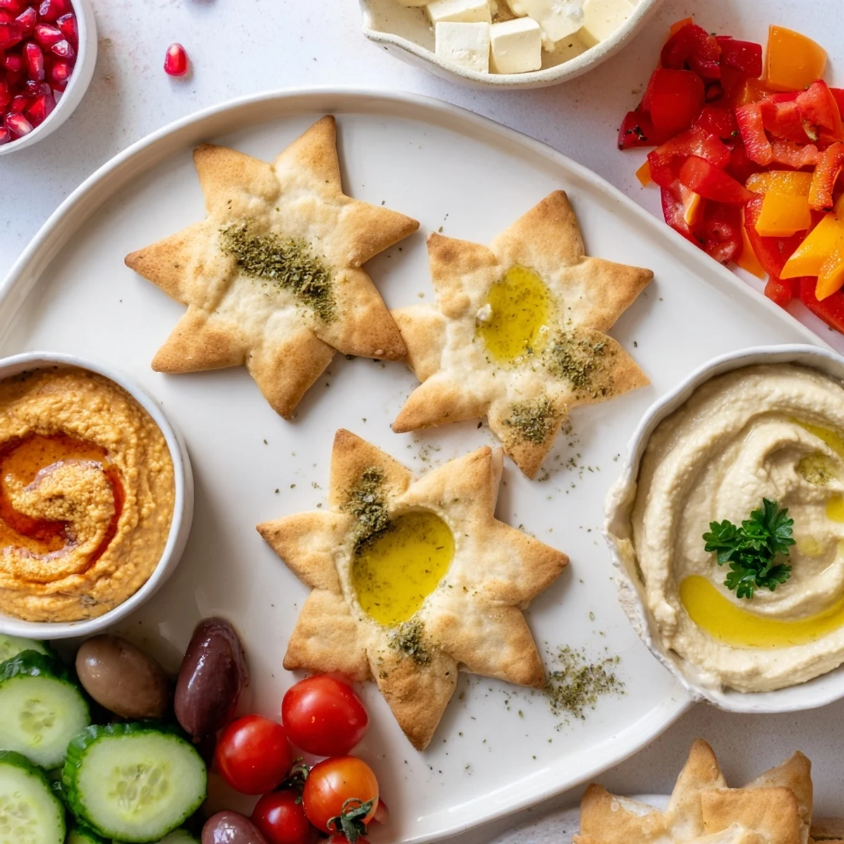 This appealing Three Kings Star Pita Board looks delightful with varied textures and fresh, vibrant ingredients surrounding the pita stars.
