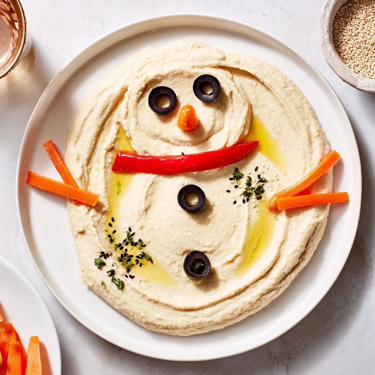 Creamy Melted Snowman Hummus Platter, festive and delicious, ready with fresh veggie dippers.