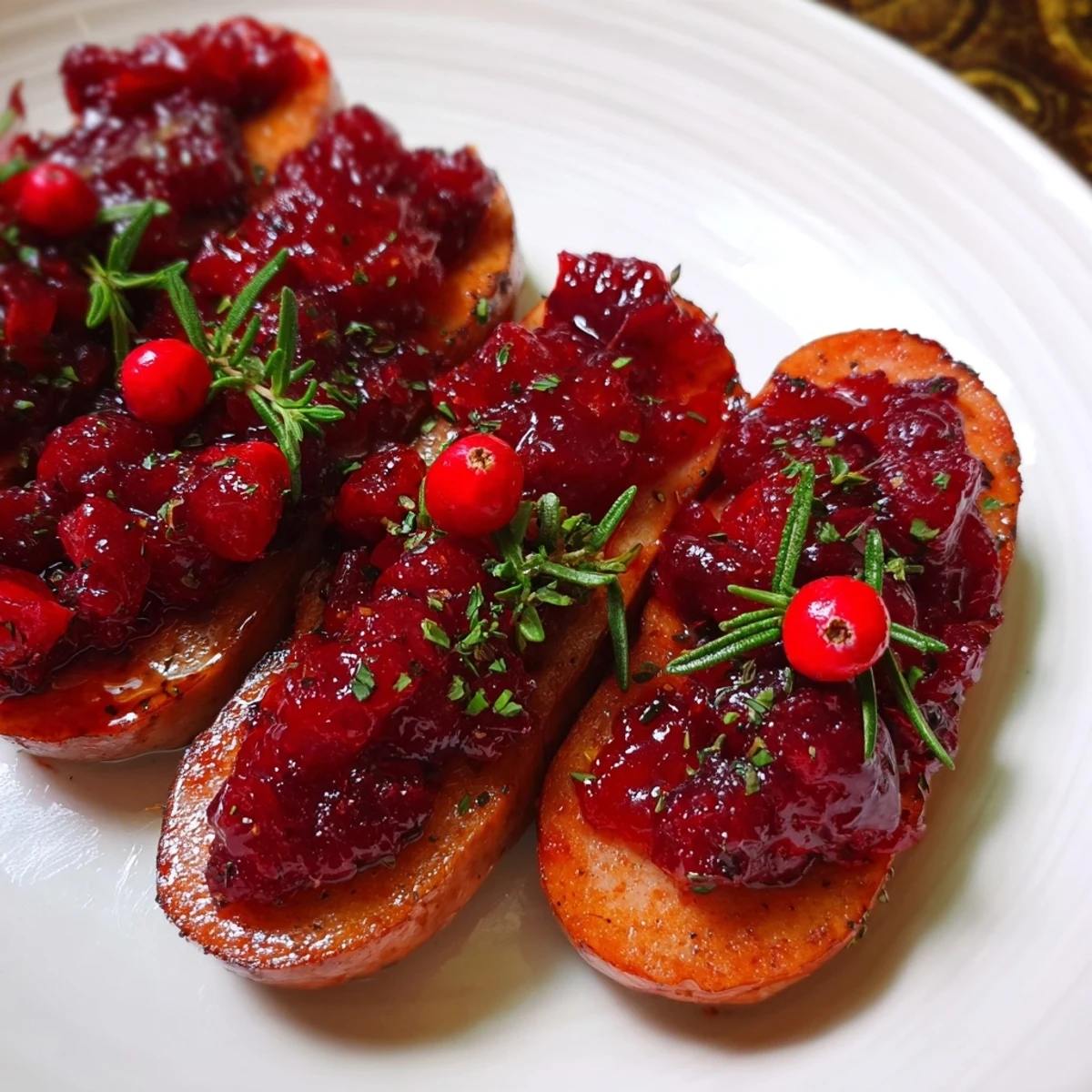 Golden-brown Festive Holly Berry Sausage Bites topped with red cranberry, aromatic herbs, and fresh garnishes.