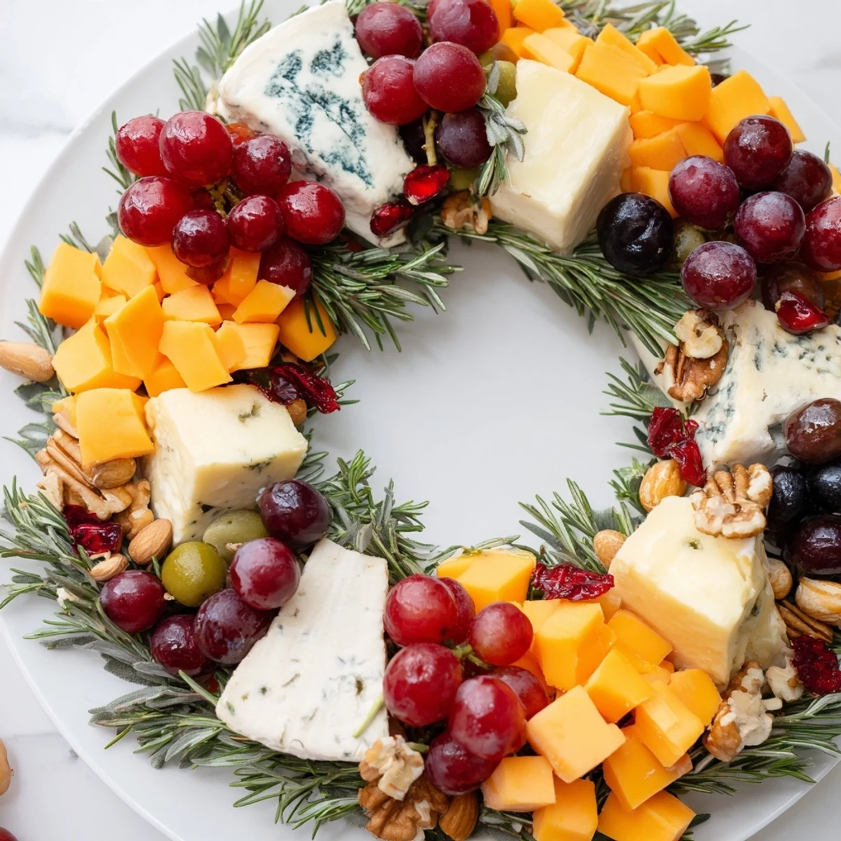 A delicious Holiday Wreath Cheese Ring with colorful cheese, olives, and nuts, creating a beautiful appetizer display.