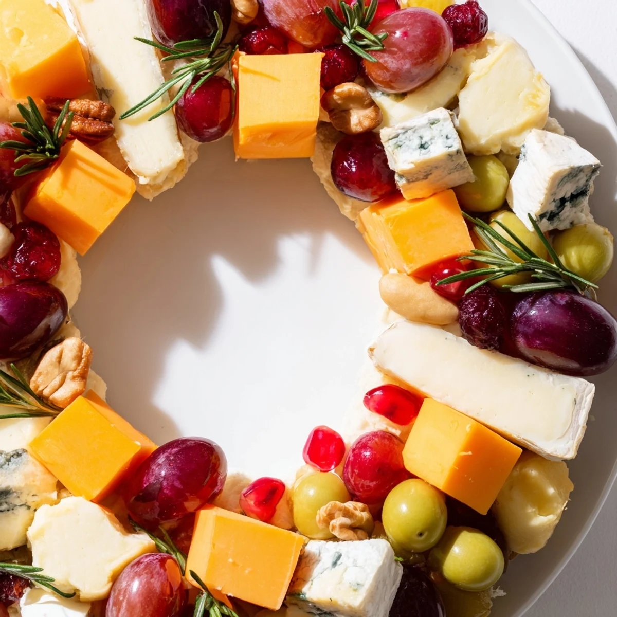 Festive Holiday Wreath Cheese Ring featuring creamy cheeses, grapes, and fresh rosemary sprigs, perfect for any party.