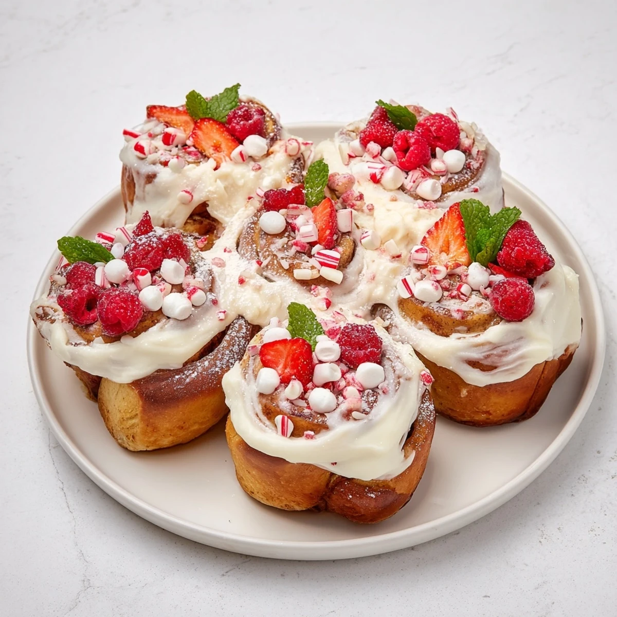 A festive North Pole Cinnamon Roll Board with frosted rolls, marshmallows, and vibrant garnishes.