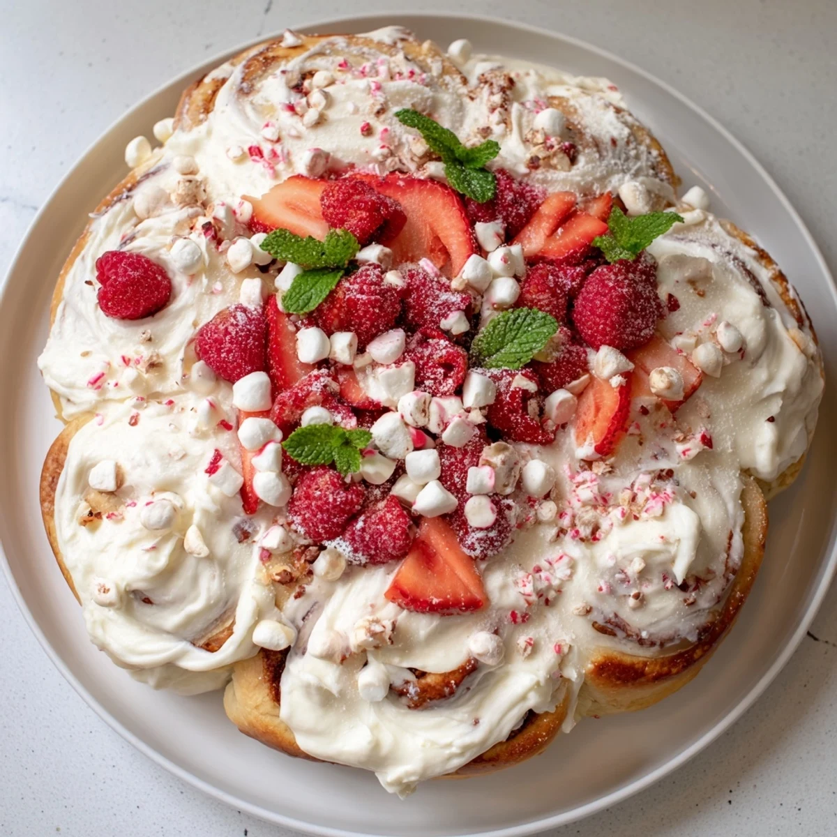 Enjoy warm, homemade North Pole Cinnamon Rolls with a creamy frosting and winter-themed toppings.