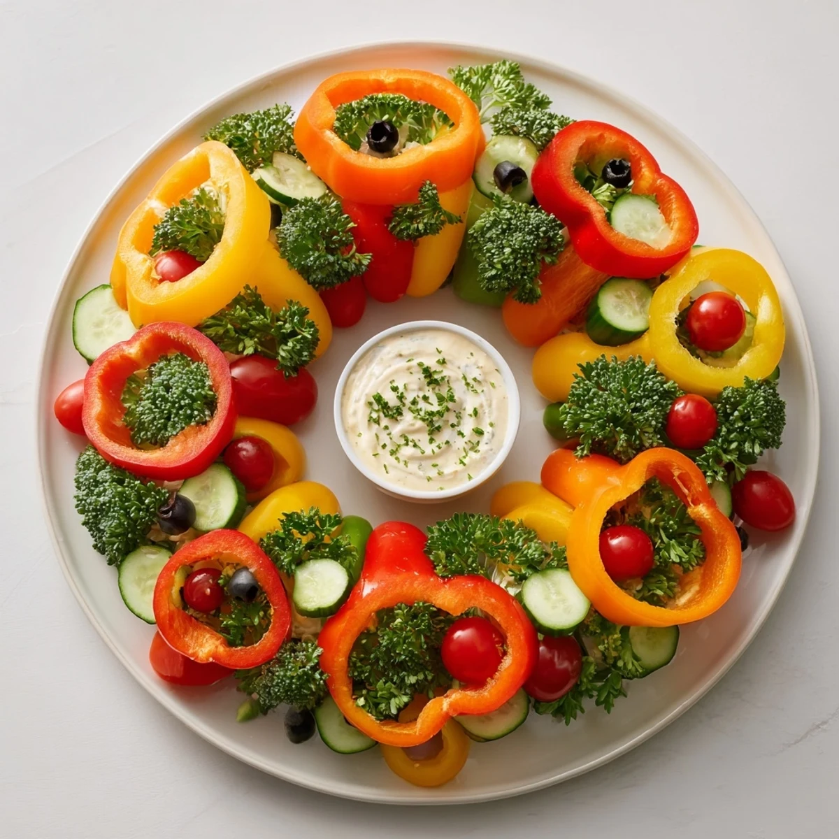 Festive Bell Pepper Wreath with colorful bell peppers and fresh dip, a beautiful appetizer for a holiday party.