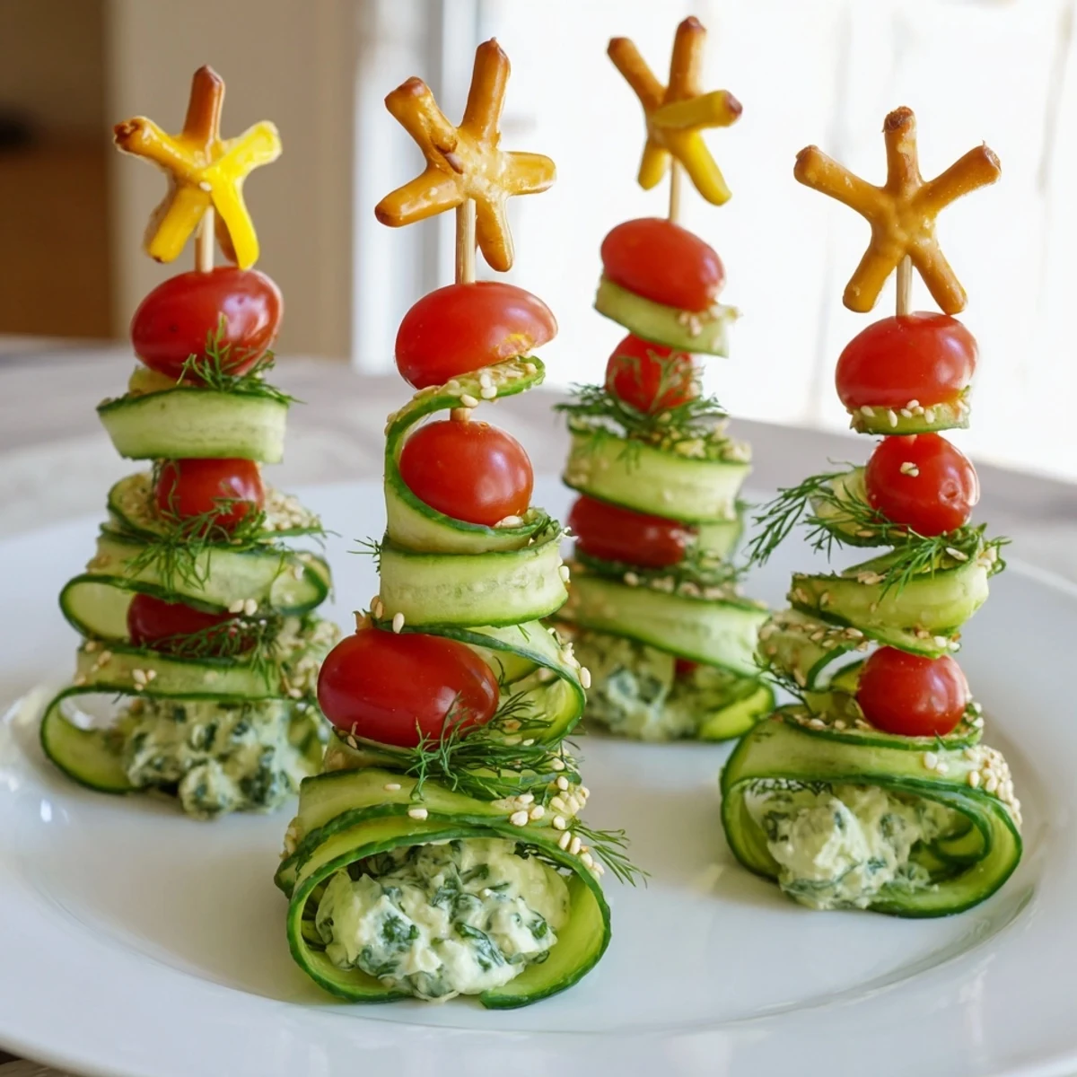 Delicate spiral cucumber ribbon Christmas trees appetizer: creamy cheese and vibrant cherry tomato accents.