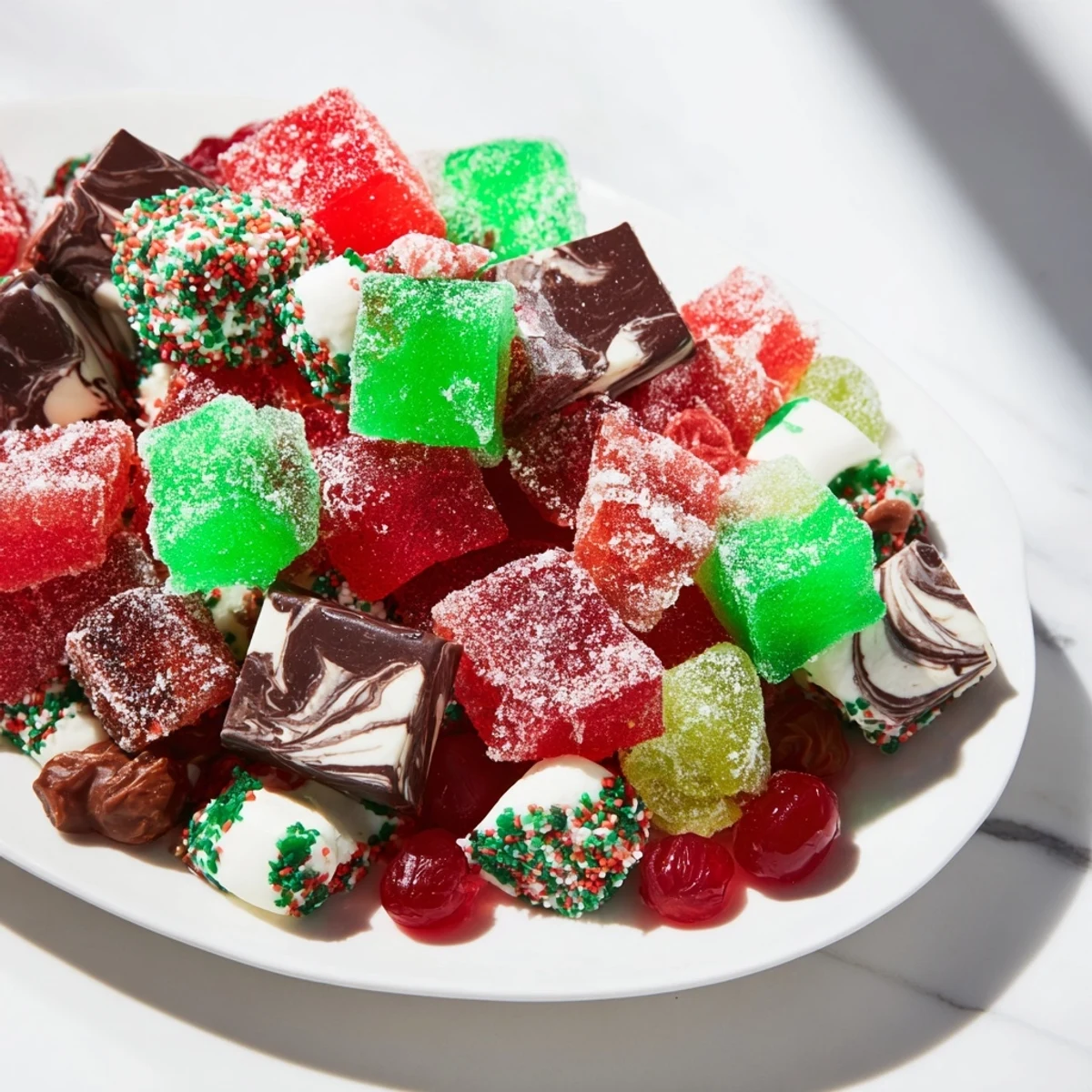 Vibrant Jingle Bell Rock Candy Display arrangement featuring shimmering candies, chocolates, and treats.