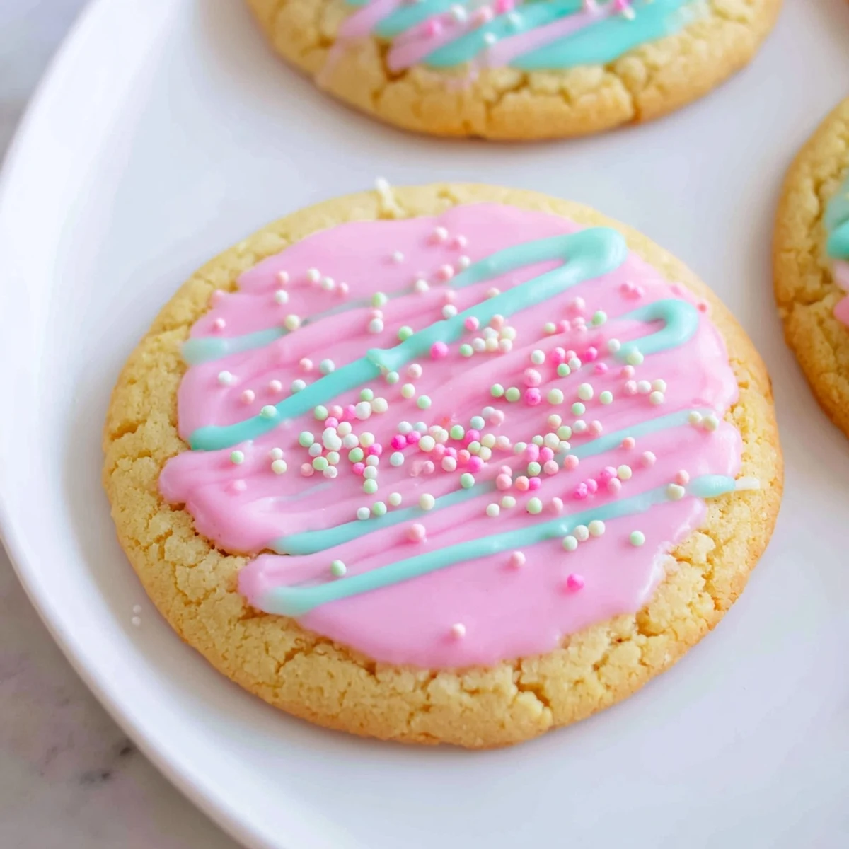 Golden-edged sugar cookies drizzled with vibrant pink icing, ready for a sweet bite.