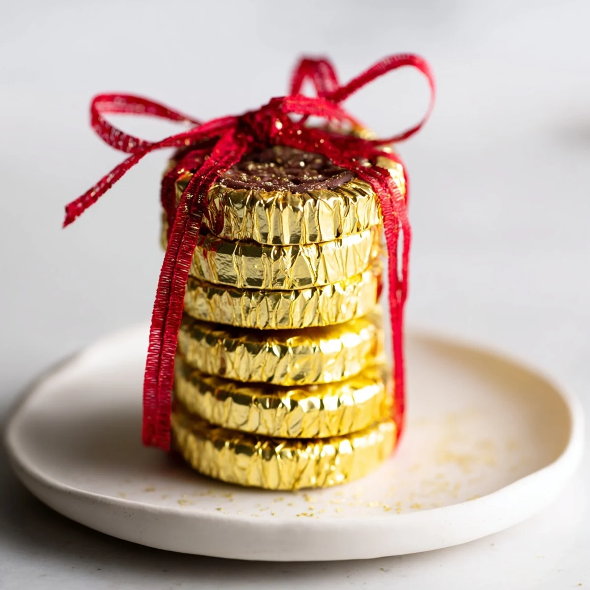 Stacked chocolate gold coins, tied with ribbons, make a sweet holiday centerpiece.
