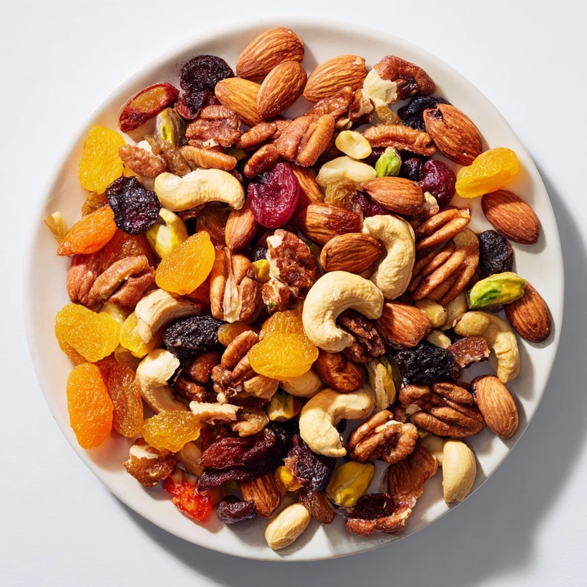 Colorful medley of assorted nuts and dried fruits, a simple, delicious easy party snack.
