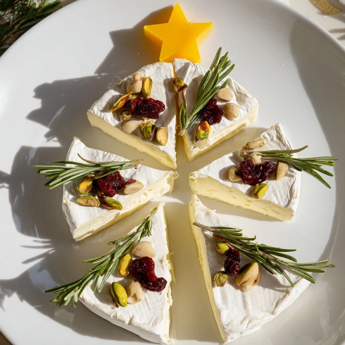 Simple Brie Triangle Cheese Tree arranged with rosemary and cranberries, a beautiful holiday appetizer.