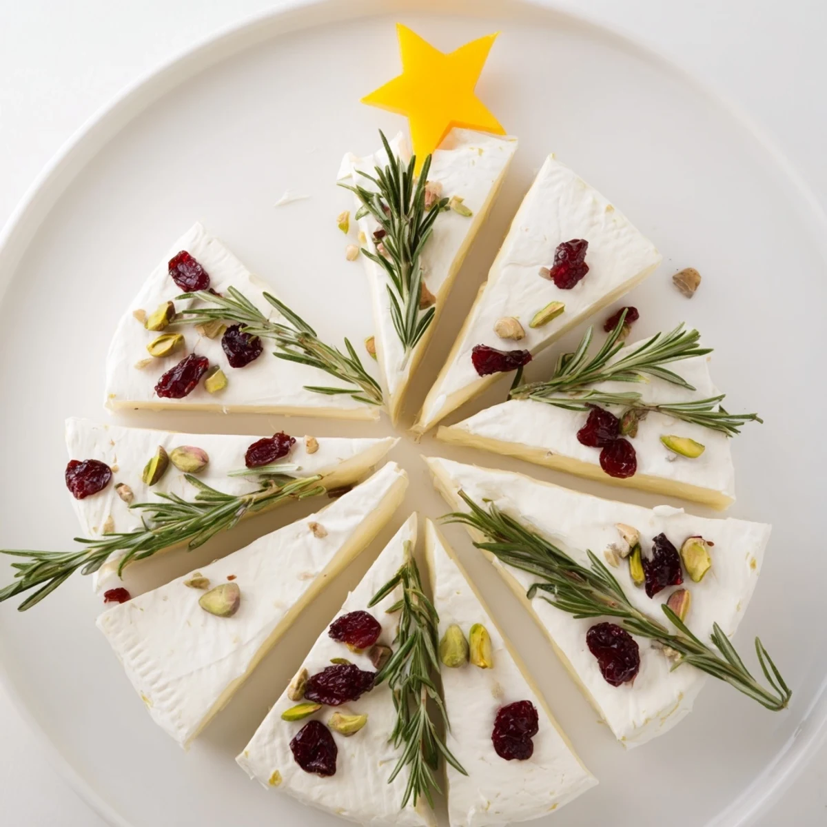 Enjoy a festive Simple Brie Triangle Cheese Tree, elegantly decorated with pistachios and served with crackers.