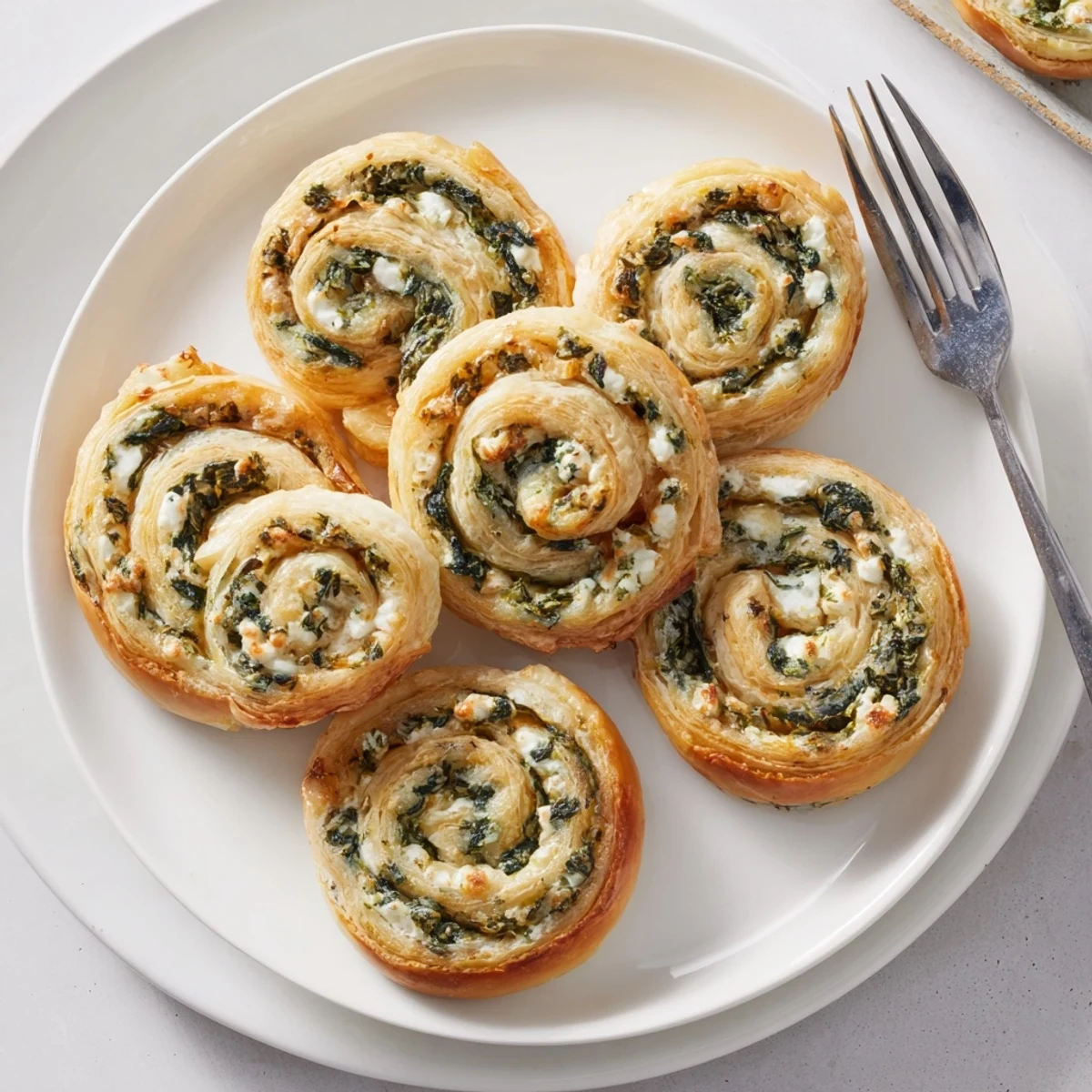 Golden-brown Savory Spinach Feta Pinwheel Spirals, smelling deliciously of baked pastry and herbs, ready to be enjoyed.