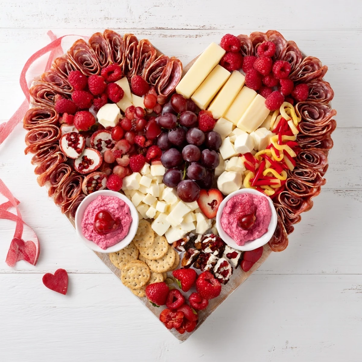 A gorgeous Heart of Romance Board overflowing with fresh fruits, meats, and cheeses for sharing.