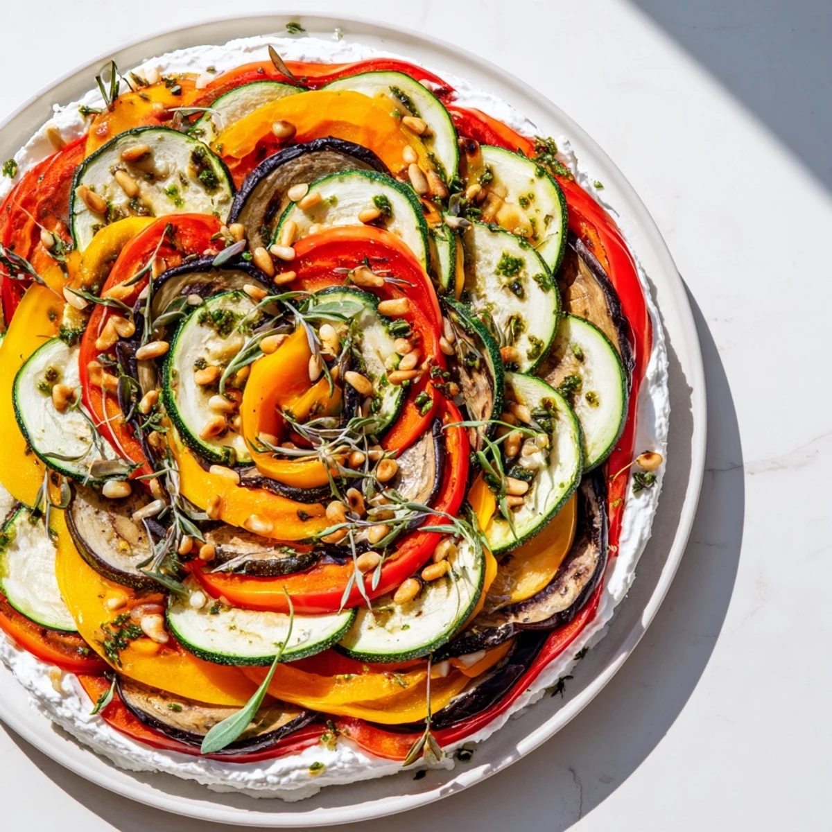 Elegant The Snail Shell Spiral appetizer features colorful roasted vegetables spiraling around creamy goat cheese.