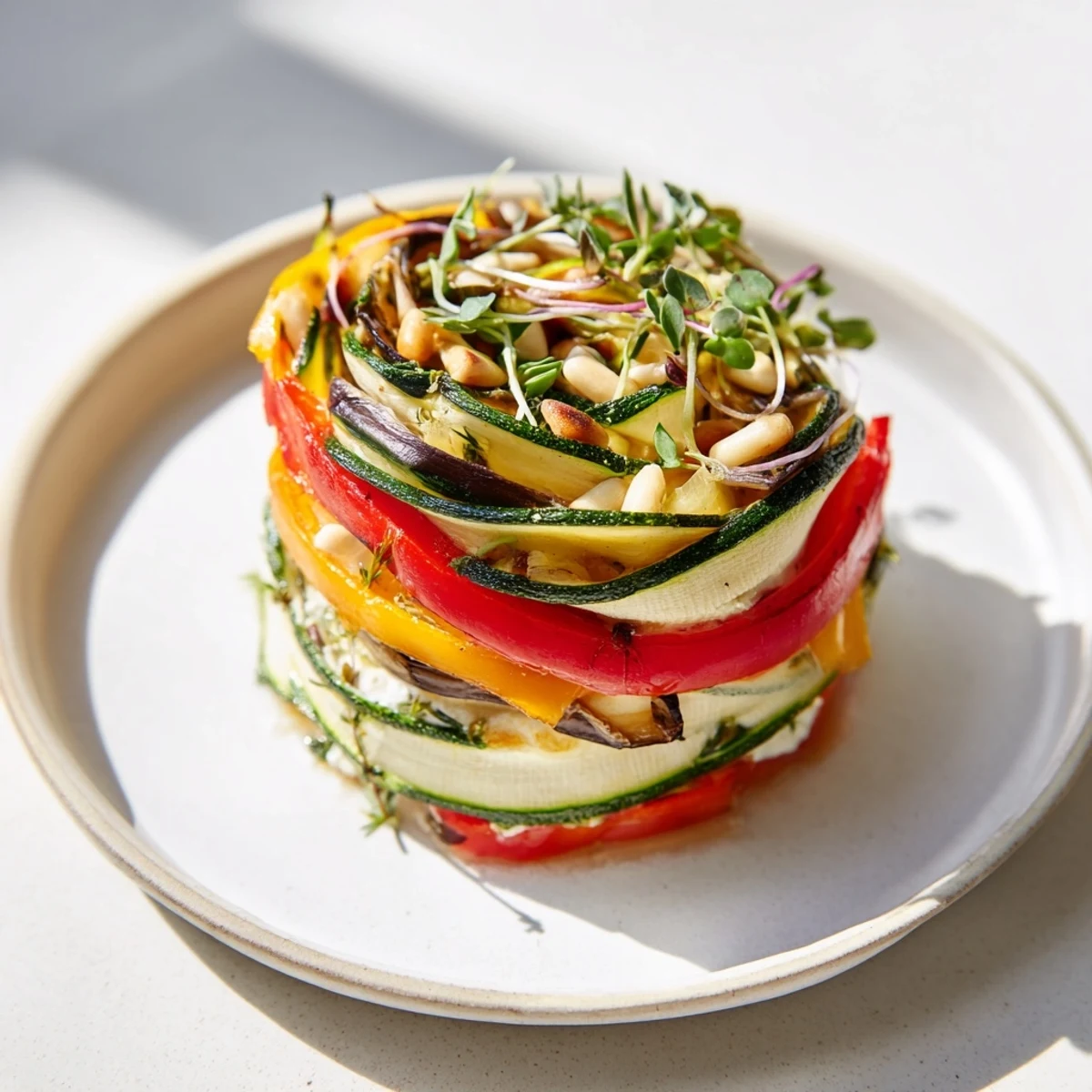 Vibrant The Snail Shell Spiral presents a beautiful vegetarian dish with layers of roasted zucchini and squash.
