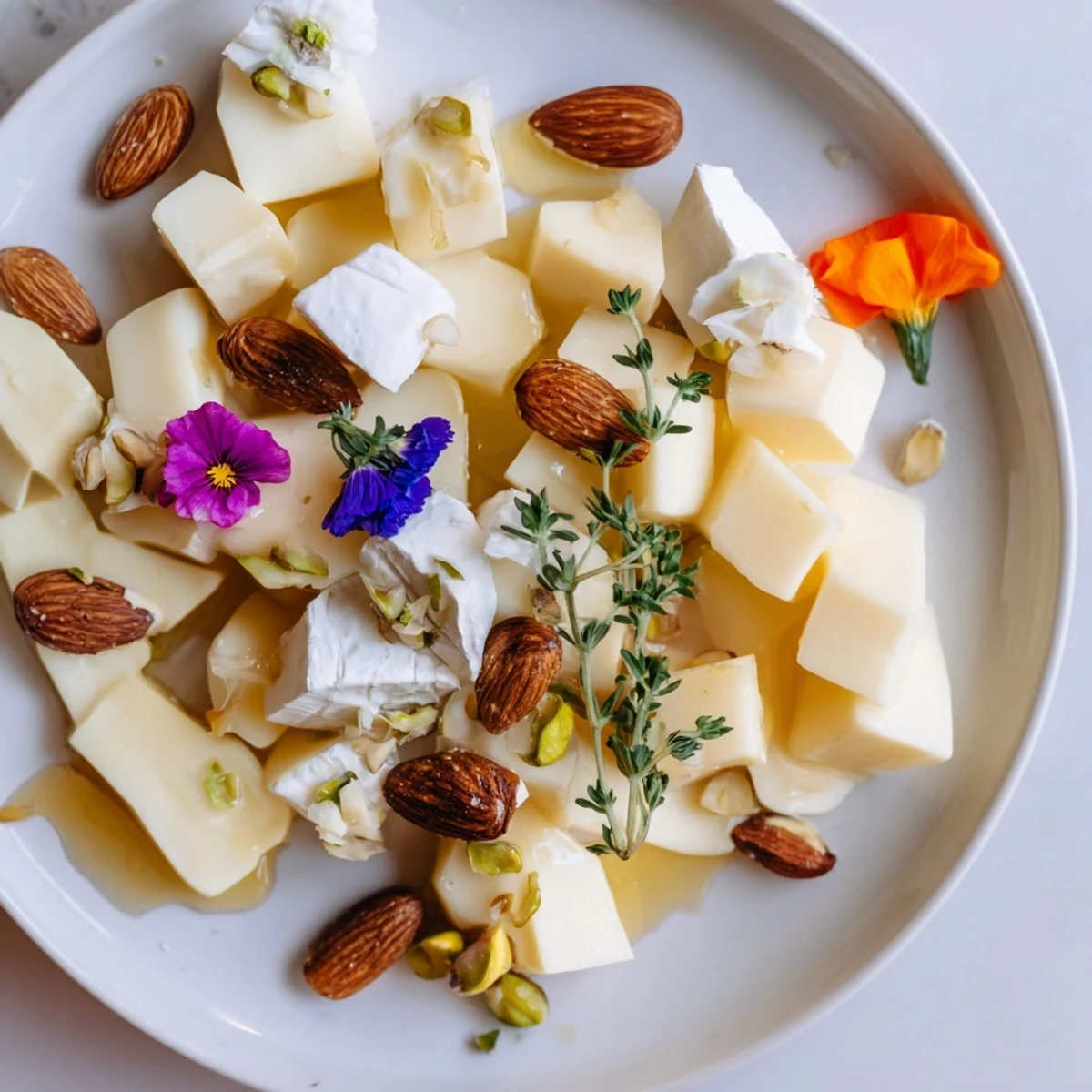 Geometric Honeycomb Hexagon Maze appetizer; creamy cheeses, nuts, and a touch of golden honey.