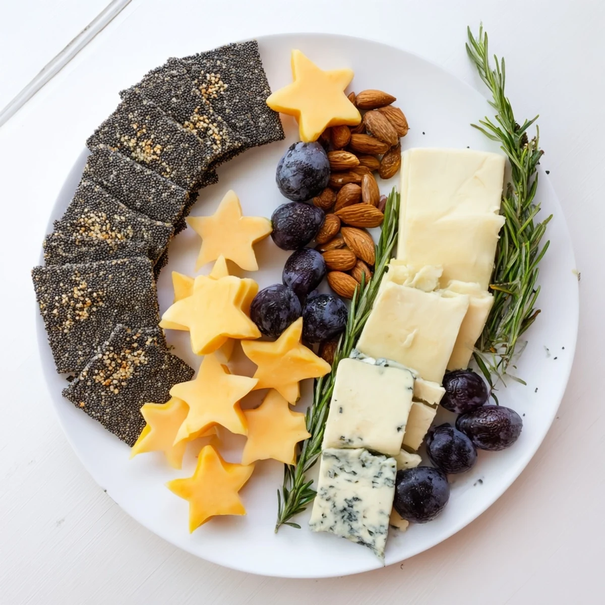 Imagine a festive Crescent Moon & Stars Cheese Board, with rosemary sprigs and delicious cheeses ready to be served.