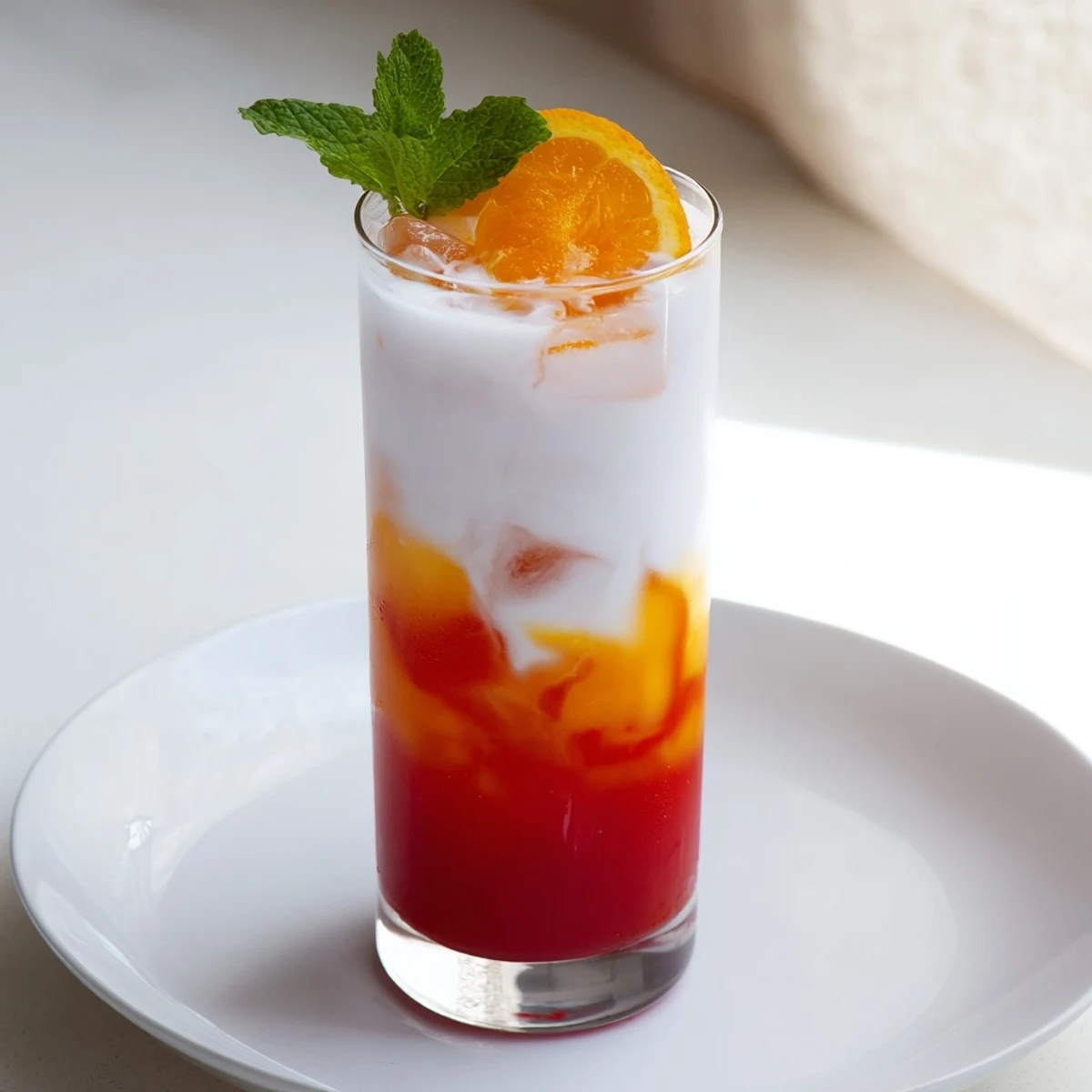 A refreshing Alpine Sunrise mocktail, a layered drink of coconut and sun-kissed orange juice.